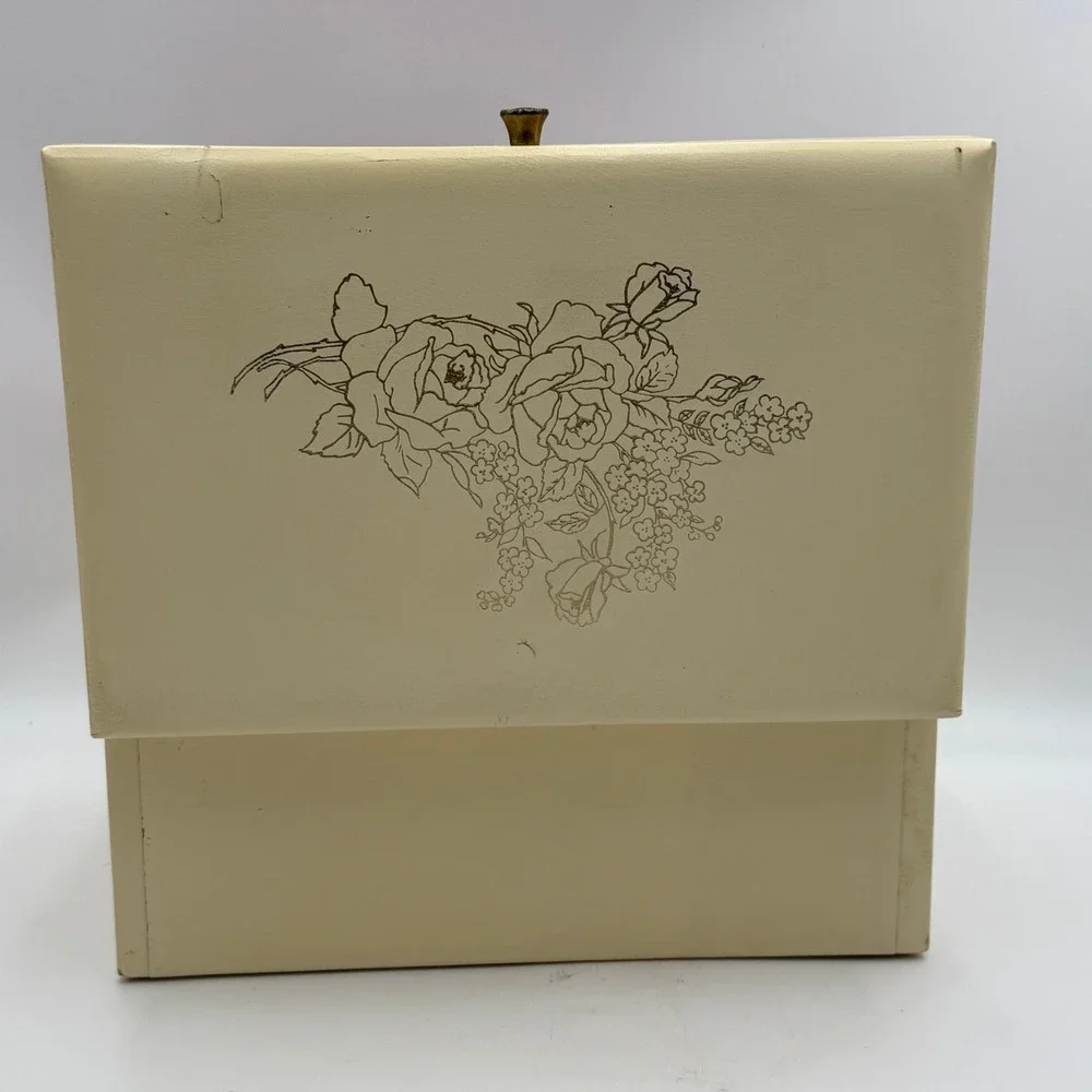 Vintage Cream Faux Leather Jewelry Box Red Lining Floral Rose Cantilever Drawer